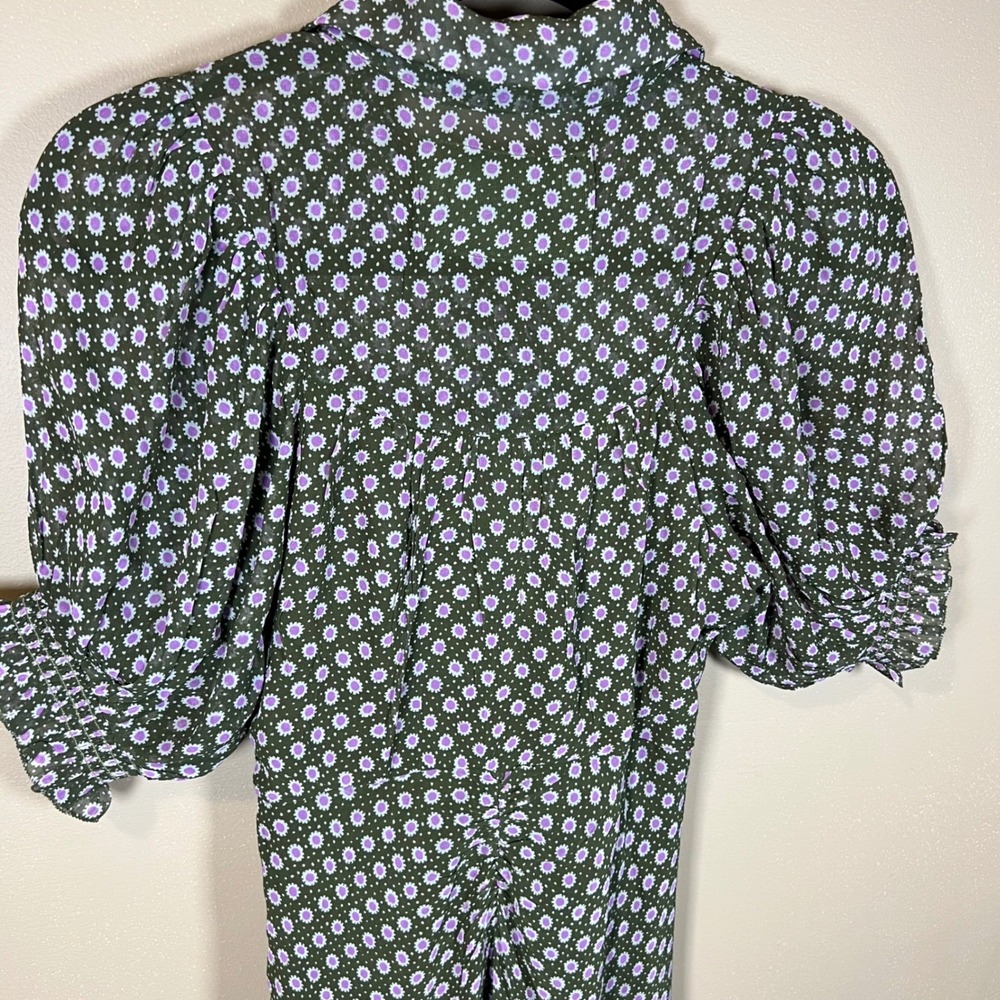 Anthropologie Green Purple Floral Sunburst Puff Sleeve Maxi Dress Size 0 - Picture 8 of 12